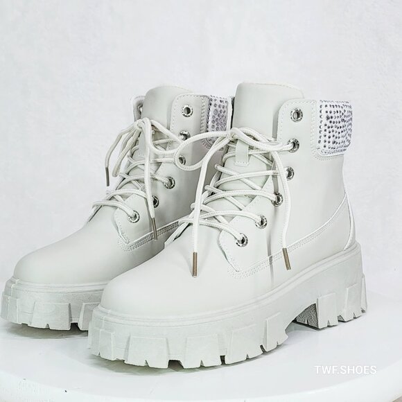 Teck Off White Combat Ankle Work Boots With Rhinestone Cuffs New - Picture 8 of 10